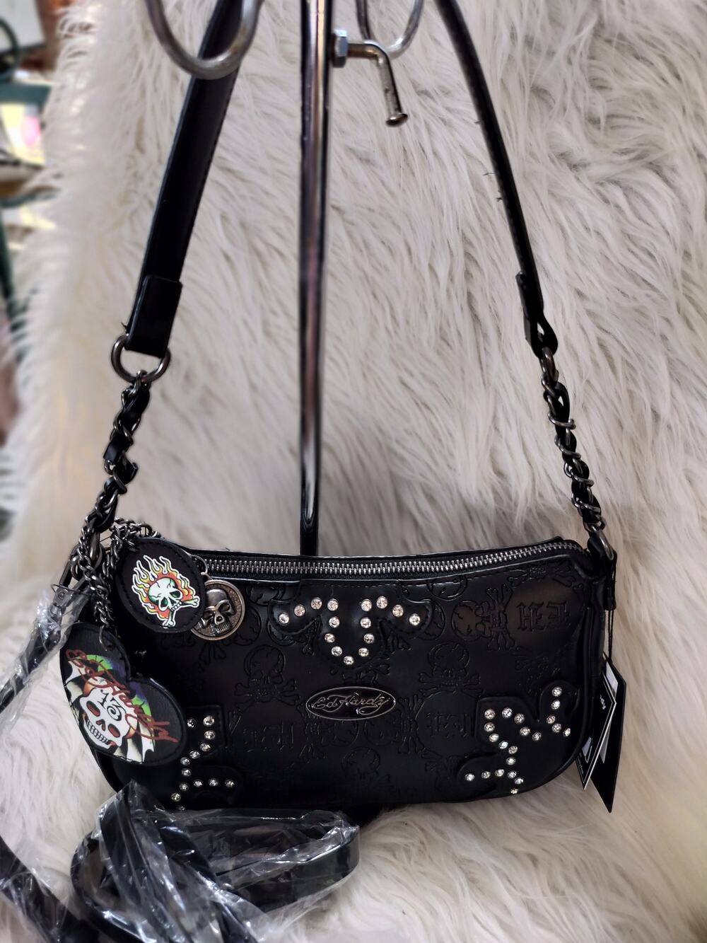 5889) Ed Hardy Gothic Black Embossed Skull Rhinestone Baguette Shoulder Bag